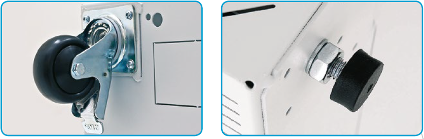 Standard 4 Nivellierfüße, optional 4 Lenkrollen, 2 mit Feststeller kleiner Serverschrank Rollen und Nivellierfüße